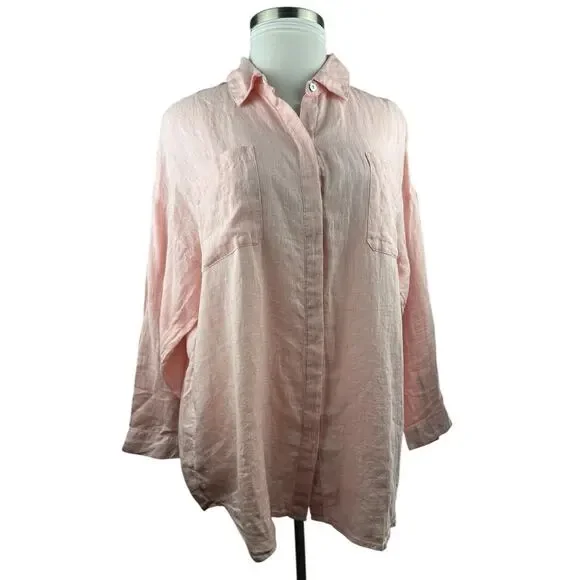 J. Jill Love Linen Button Up Tunic Top Double Pocket Pink XL Blouse Lagonlook - Picture 5 of 16
